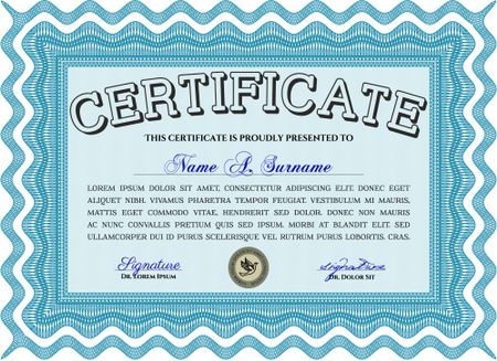 Certificate template. Detailed. Printer friendly. Nice design. Light blue color.