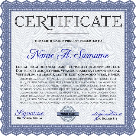 Sample Certificate. With quality background. Artistry design. Vector pattern that is used in money and certificate. Blue color.