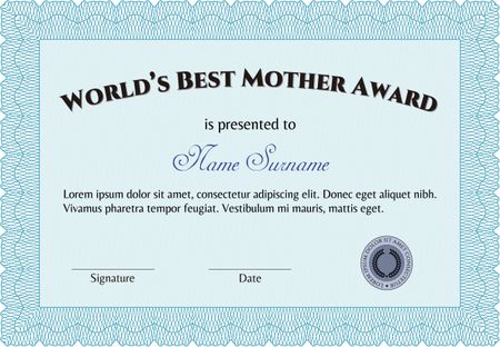 Award: Best Mother in the world. Sophisticated design. With great quality guilloche pattern. 