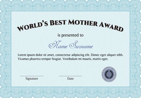 Award: Best Mother in the world. Sophisticated design. With great quality guilloche pattern.