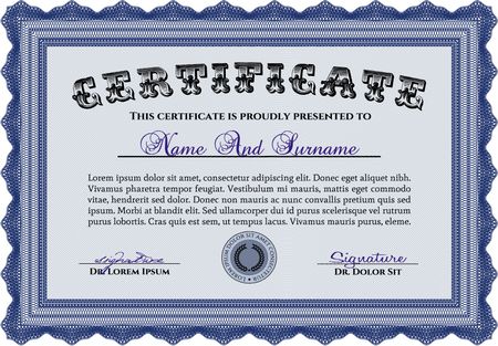 Diploma template. With complex background. Vector illustration. Lovely design. Blue color.