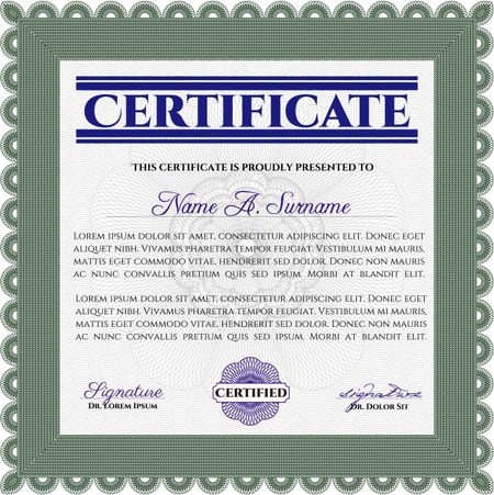 Certificate. Complex design. Printer friendly. Detailed. Green color.