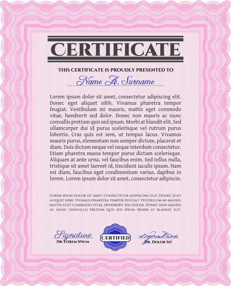 Pink Certificate template or diploma template. Vector pattern that is used in currency and diplomas.Complex background. Beauty design. 