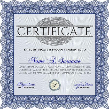 Certificate template. Nice design. Detailed. Printer friendly. Blue color.