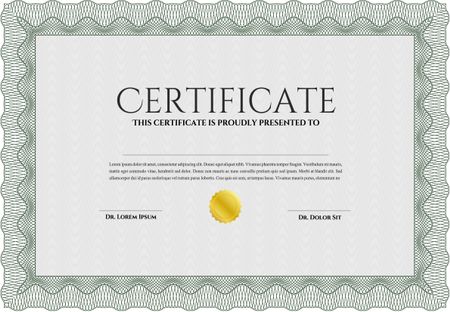 Certificate template. Customizable, Easy to edit and change colors. Easy to print. Nice design. Green color.