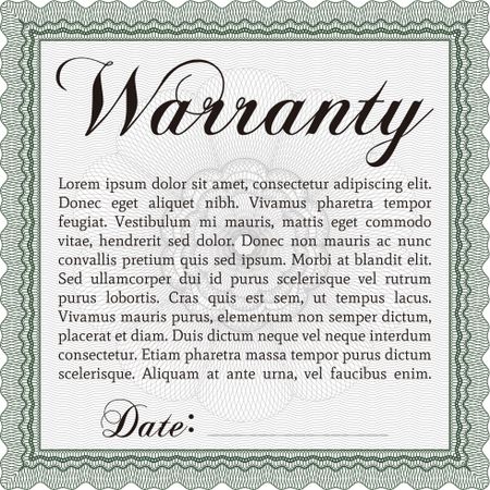 Sample Warranty certificate. Excellent complex design. Vector illustration. With guilloche pattern and background. 