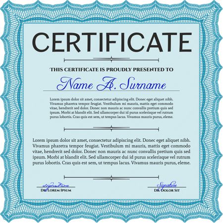 Light blue Certificate template. Nice design. Detailed. Printer friendly. 
