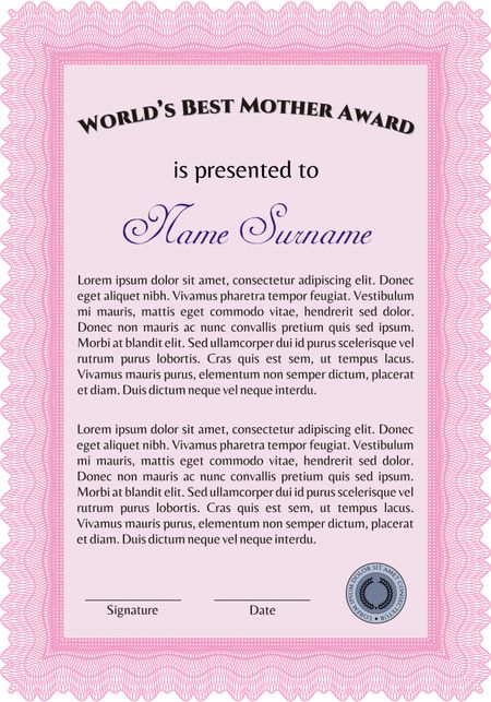 World's Best Mother Award Template. Excellent design. Customizable, Easy to edit and change colors. Complex background. 