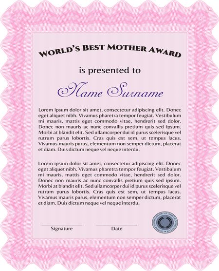 Best Mother Award Template. With guilloche pattern. Elegant design. Vector illustration. 