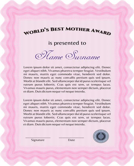 Best Mother Award Template. With guilloche pattern. Elegant design. Vector illustration.