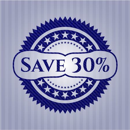 Save 30% badge with denim background
