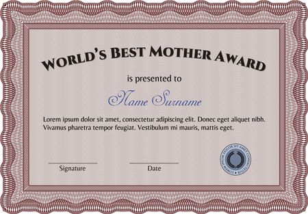 Best Mom Award Template. Vector illustration. With guilloche pattern and background. Excellent complex design. 