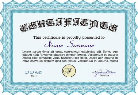 Certificate. Detailed. Printer friendly. Complex design. Light blue color.
