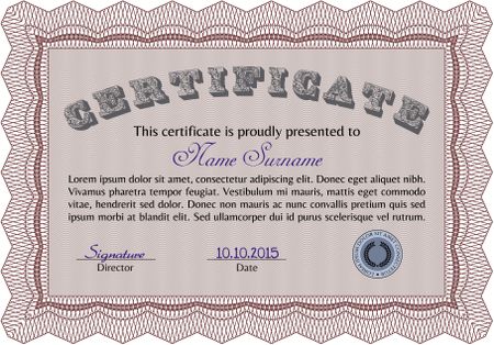Certificate template or diploma template. Complex background. Superior design. Vector pattern that is used in currency and diplomas.Red color.