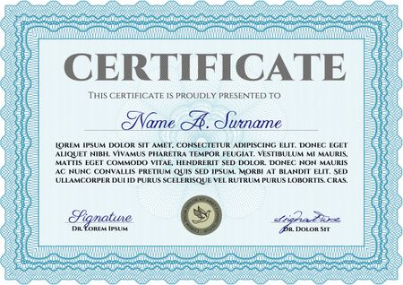 Certificate. Printer friendly. Complex design. Detailed. Light blue color.