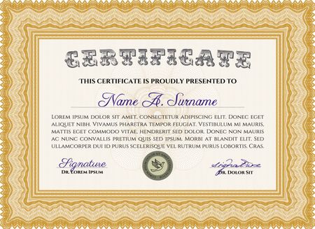 Certificate template. Easy to print. Nice design. Customizable, Easy to edit and change colors. Orange color.