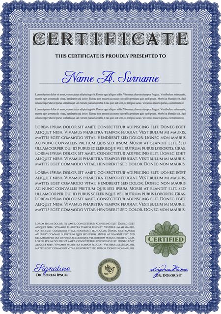 Blue Certificate or diploma template. Easy to print. Customizable, Easy to edit and change colors. Cordial design. 