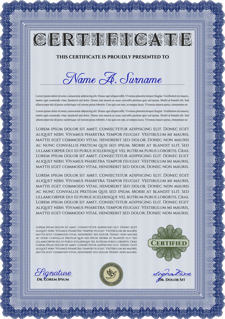 Blue Certificate or diploma template. Easy to print. Customizable, Easy to edit and change colors. Cordial design.