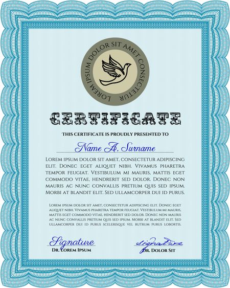 Light blue Diploma or certificate template. Complex background. Vector pattern that is used in currency and diplomas.Superior design. 