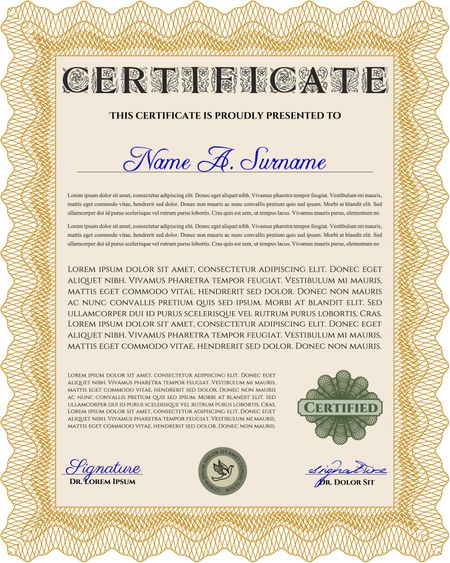 Certificate template or diploma template. Vector pattern that is used in currency and diplomas.Superior design. Complex background. Orange color.