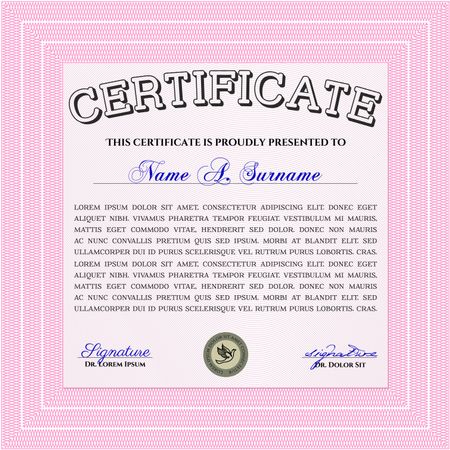 Pink Certificate or diploma template. Border, frame. Good design. With background. 