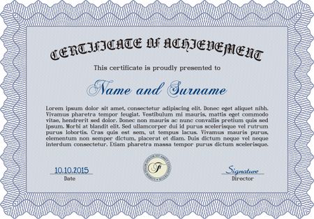 Diploma template. Excellent design. With background. Border, frame. Blue color.
