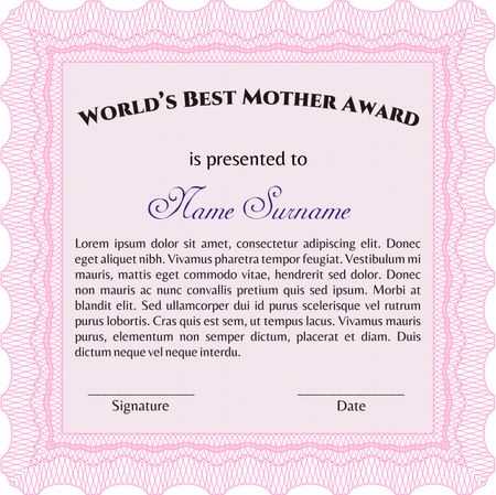 Best Mom Award Template. With guilloche pattern and background. Excellent complex design. Vector illustration.