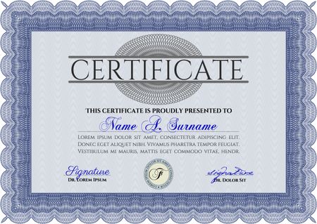 Diploma template. Lovely design. Vector illustration. With complex background. Blue color.