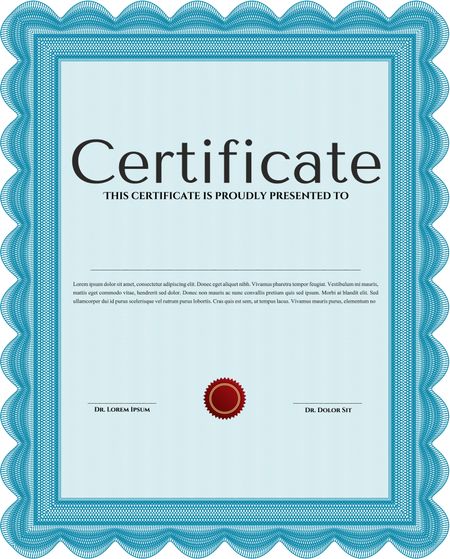 Diploma template. Lovely design. Vector illustration. With complex background. Light blue color.