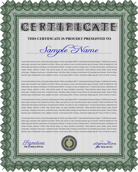Green Certificate template or diploma template. Superior design. Vector pattern that is used in currency and diplomas.Complex background. 