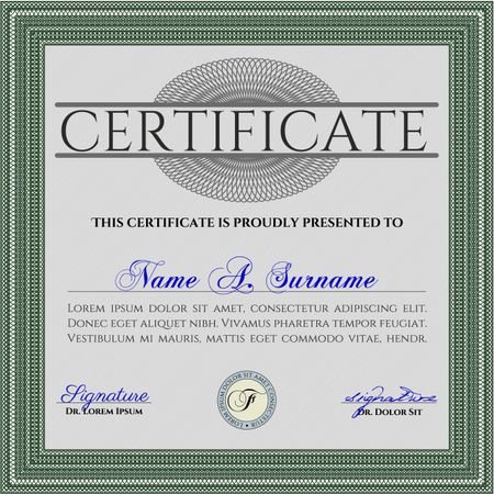 Green Certificate template or diploma template. Superior design. Vector pattern that is used in currency and diplomas.Complex background.