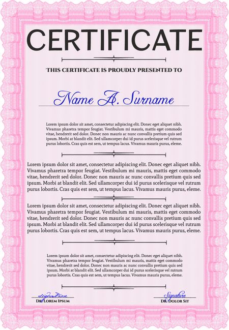 Pink Certificate template. Printer friendly. Nice design. Detailed. 