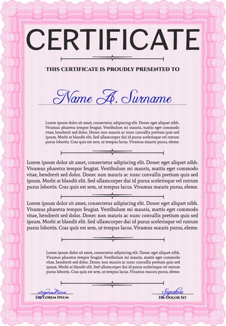 Pink Certificate template. Printer friendly. Nice design. Detailed.