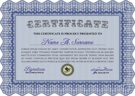 Blue Sample Certificate. Artistry design. Vector pattern that is used in money and certificate. With quality background.