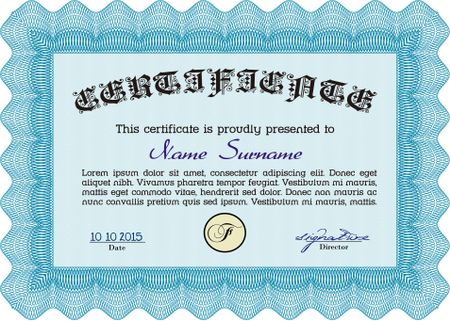 Certificate template. Easy to print. Cordial design. Customizable, Easy to edit and change colors. Light blue color.