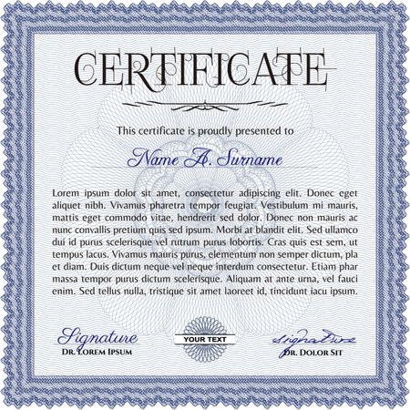 Blue Certificate template. Printer friendly. Nice design. Detailed. 