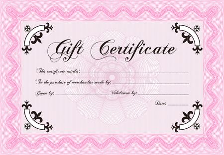 Formal Gift Certificate template. Elegant design. With guilloche pattern and background. Vector illustration.