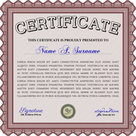Certificate or diploma template. Easy to print. Cordial design. Customizable, Easy to edit and change colors. Red color.