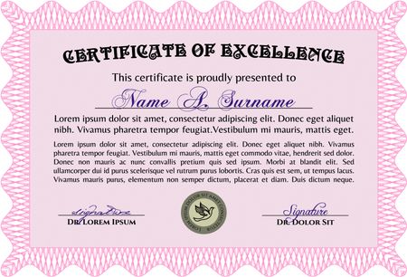 Pink Diploma or certificate template. Lovely design. Vector illustration. With complex background. 