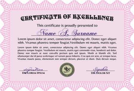 Pink Diploma or certificate template. Lovely design. Vector illustration. With complex background.