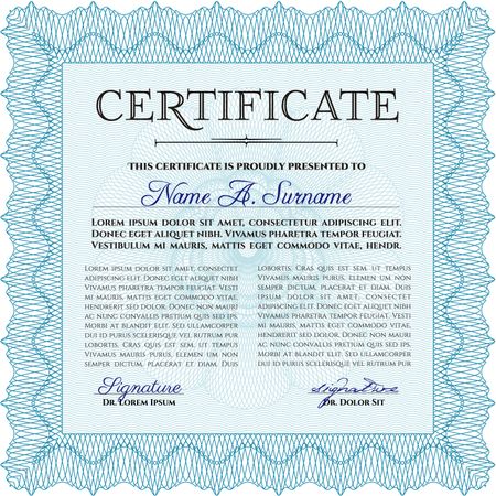 Certificate or diploma template. Easy to print. Customizable, Easy to edit and change colors. Cordial design. Light blue color.