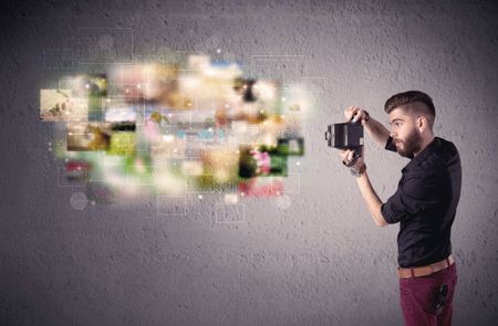 A funny stylish hipster guy capturing moments and memories with a retro photo camera illustration concept