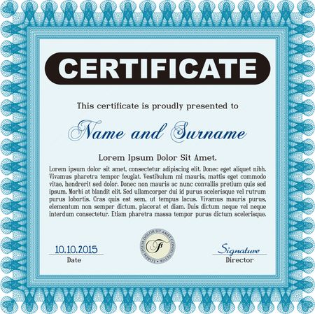 Diploma template or certificate template. Artistry design. With quality background. Vector pattern that is used in money and certificate. Light blue color.