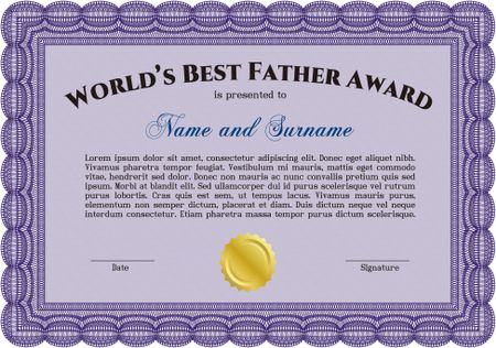 Best Father Award Template. With guilloche pattern and background. Excellent complex design. Vector illustration. 