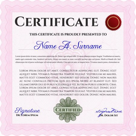 Sample Certificate. Vector pattern that is used in money and certificate. With quality background. Artistry design. Pink color.