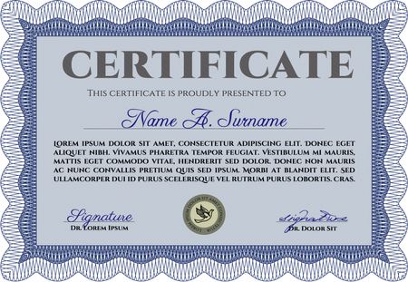 Diploma. With background. Border, frame. Good design. Blue color.