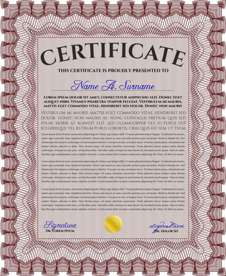 Red Diploma or certificate template. With complex background. Vector illustration. Lovely design. 