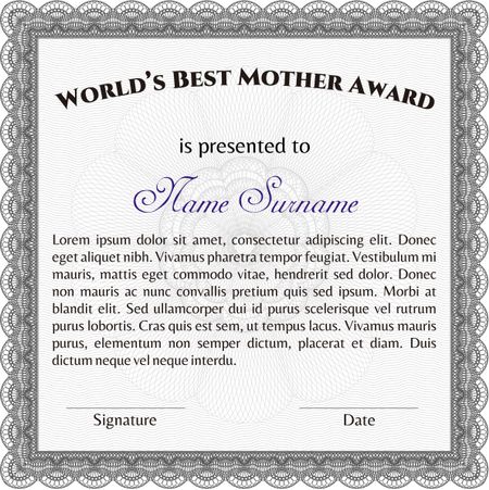 World's Best Mom Award. Complex design. Detailed. Printer friendly. 