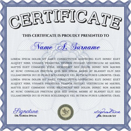 Blue Certificate template or diploma template. Complex background. Beauty design. Vector pattern that is used in currency and diplomas.