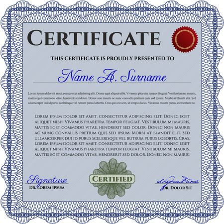 Certificate template. Customizable, Easy to edit and change colors. Easy to print. Nice design. Blue color.